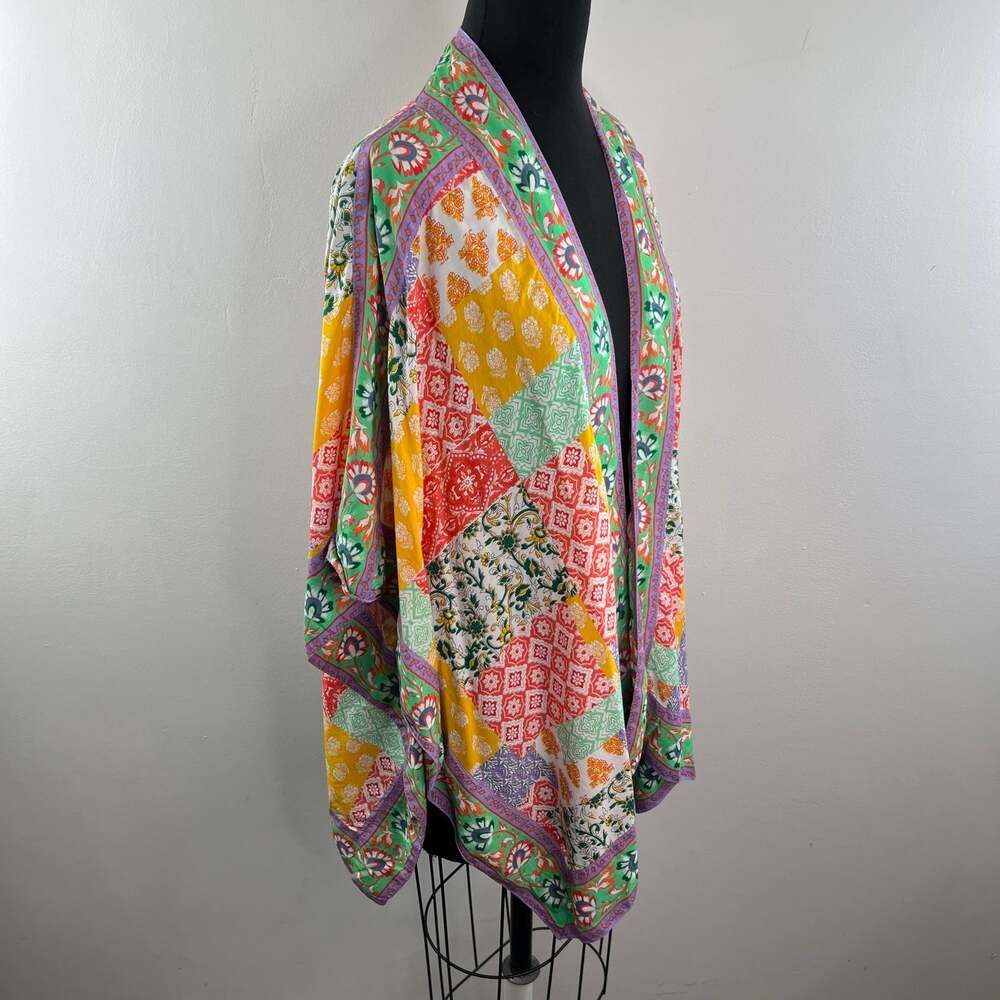 TOLANI Collection Raelyn Kimono Patchwork Open Front Colorful Boho Cardigan 1XP - Picture 5 of 10